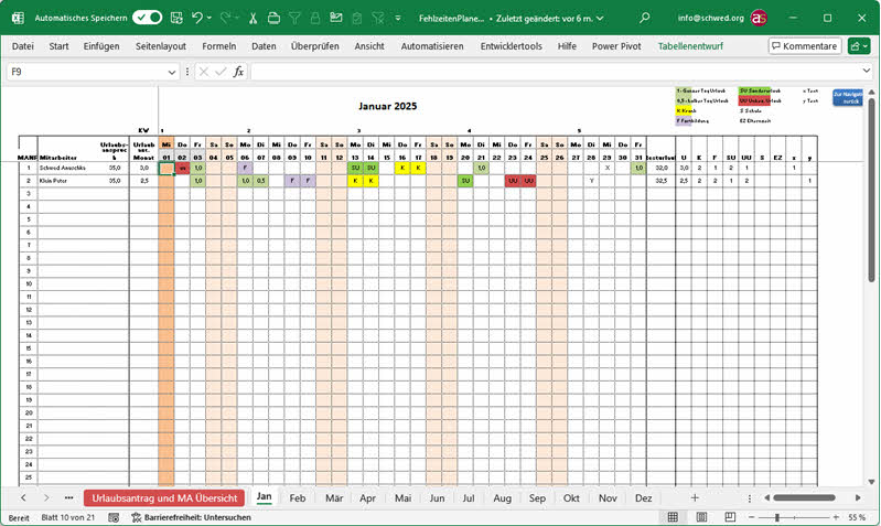 Excel Vorlage Fehlzeiten 2025 - Monatsblatt