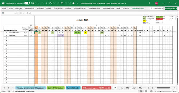 Screenshot Excel Fehlzeitenvorlage -Monatsblatt